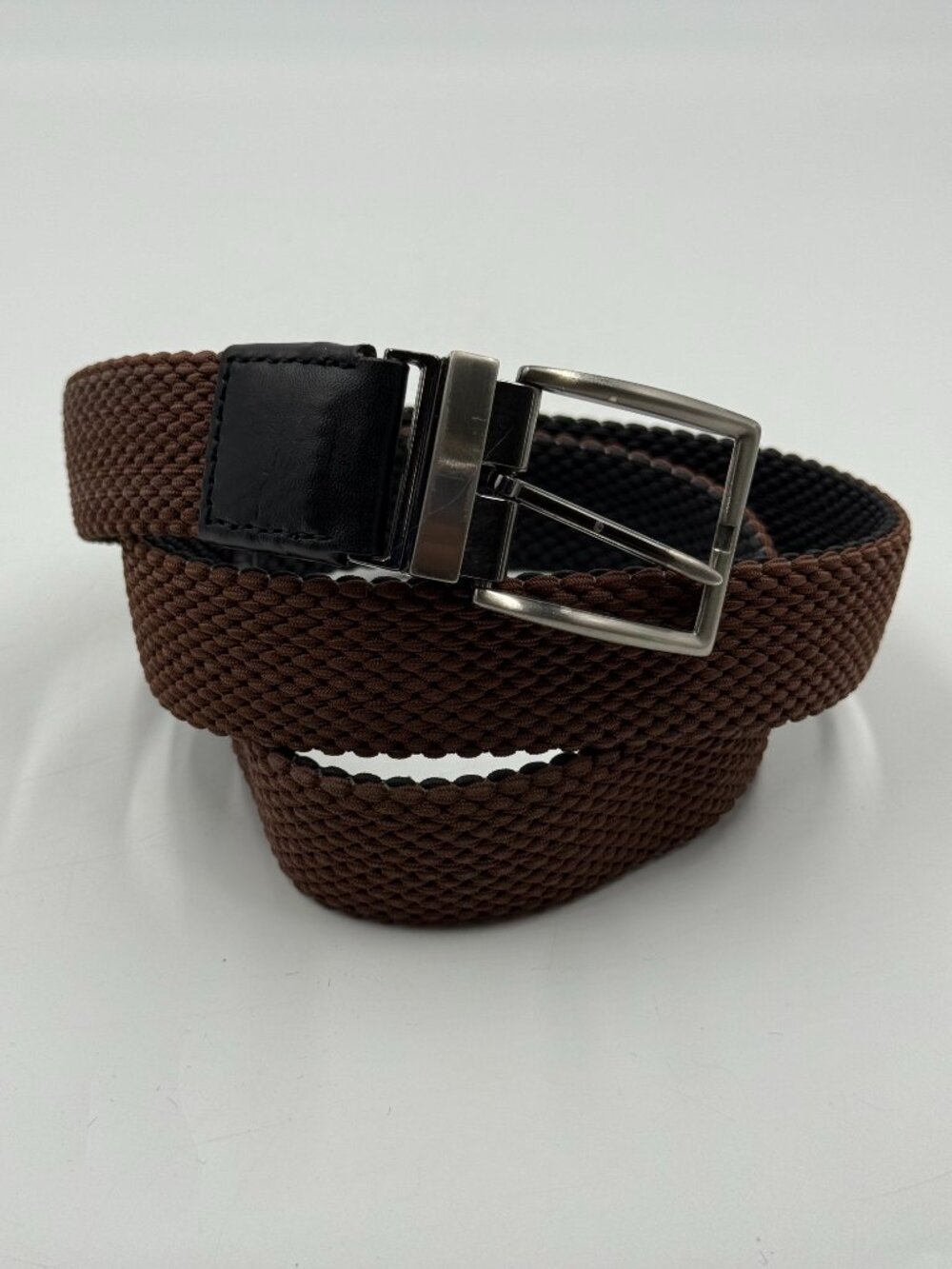 Braided Reversible Stretch Belt Brown Black Size Small 32-36 Golf Silver Buckle